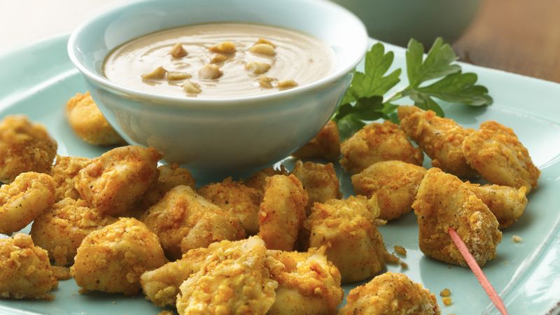 Oven-Fried Chicken Chunks with Peanut Sauce