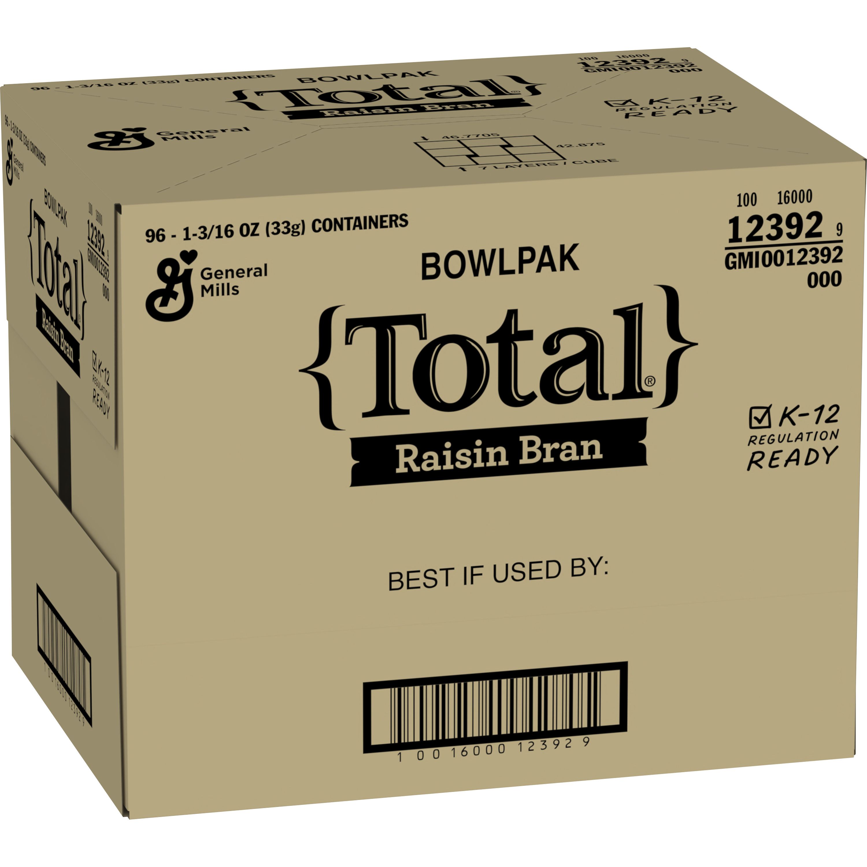 Case - Left Front 3D Total Raisin Bran Cereal Single Serve Bowlpak 96/1.19 OZ