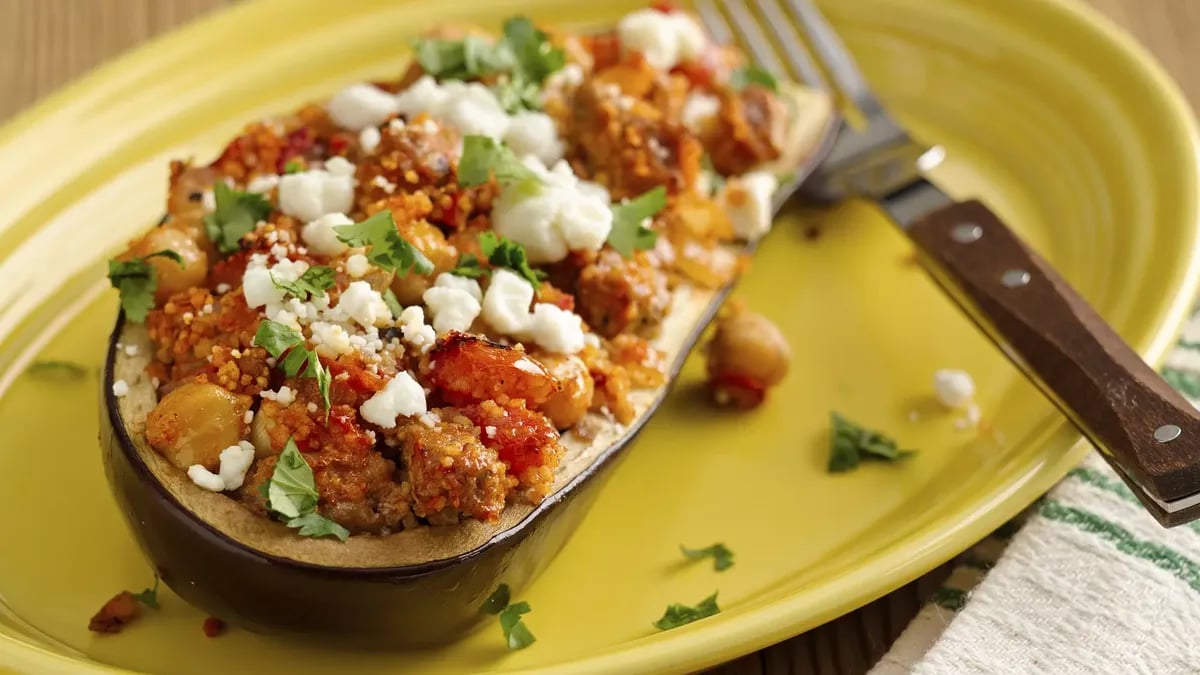 Healthy Turkey and Chick Pea-Stuffed Eggplant