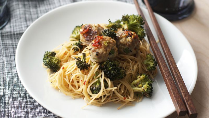 Sweet and Spicy Asian Meatball and Broccoli Noodles
