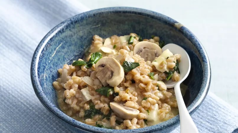 Farro Risotto with Spinach, Mushrooms and Brie