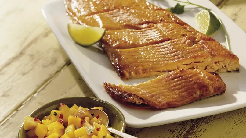 Planked Salmon with Peach-Mango Salsa