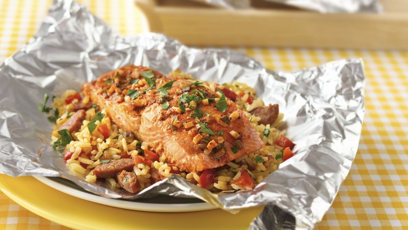 Grilled Salmon Paella Foil Packs