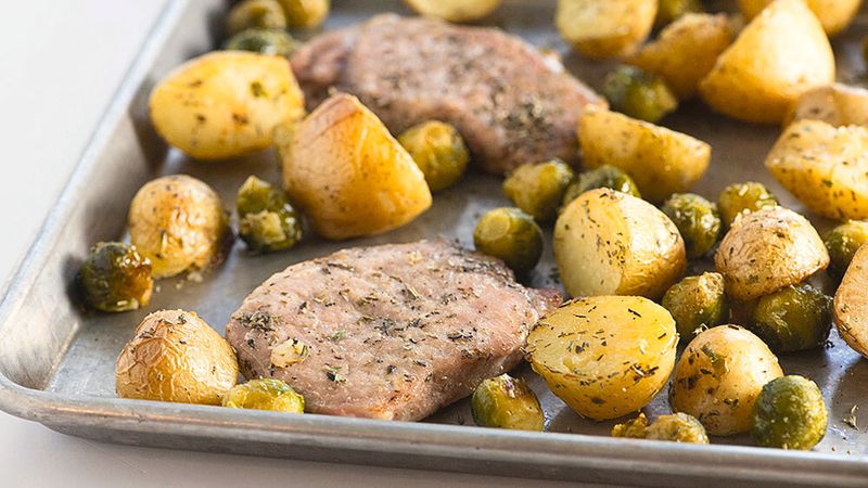 Sheet-Pan Pork Chops with Brussels Sprouts and Potatoes