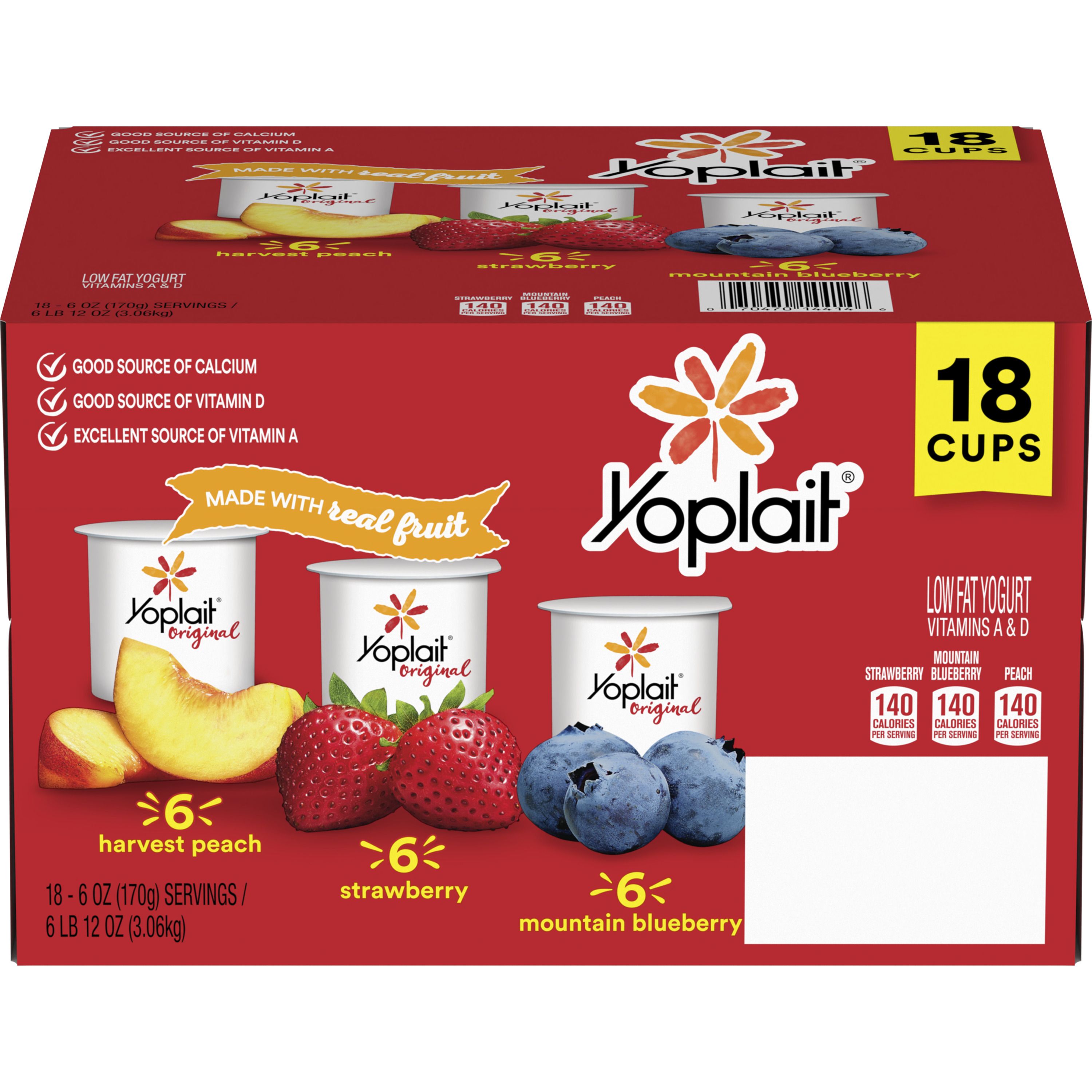 Front - 3D Yoplait Gluten Free Original Yogurt Single Serve Cup Variety Pack Blueberry Peach Strawberry 18/6 OZ
