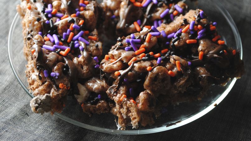 Monster Cereal Treats Drizzled with Chocolate and Sprinkles