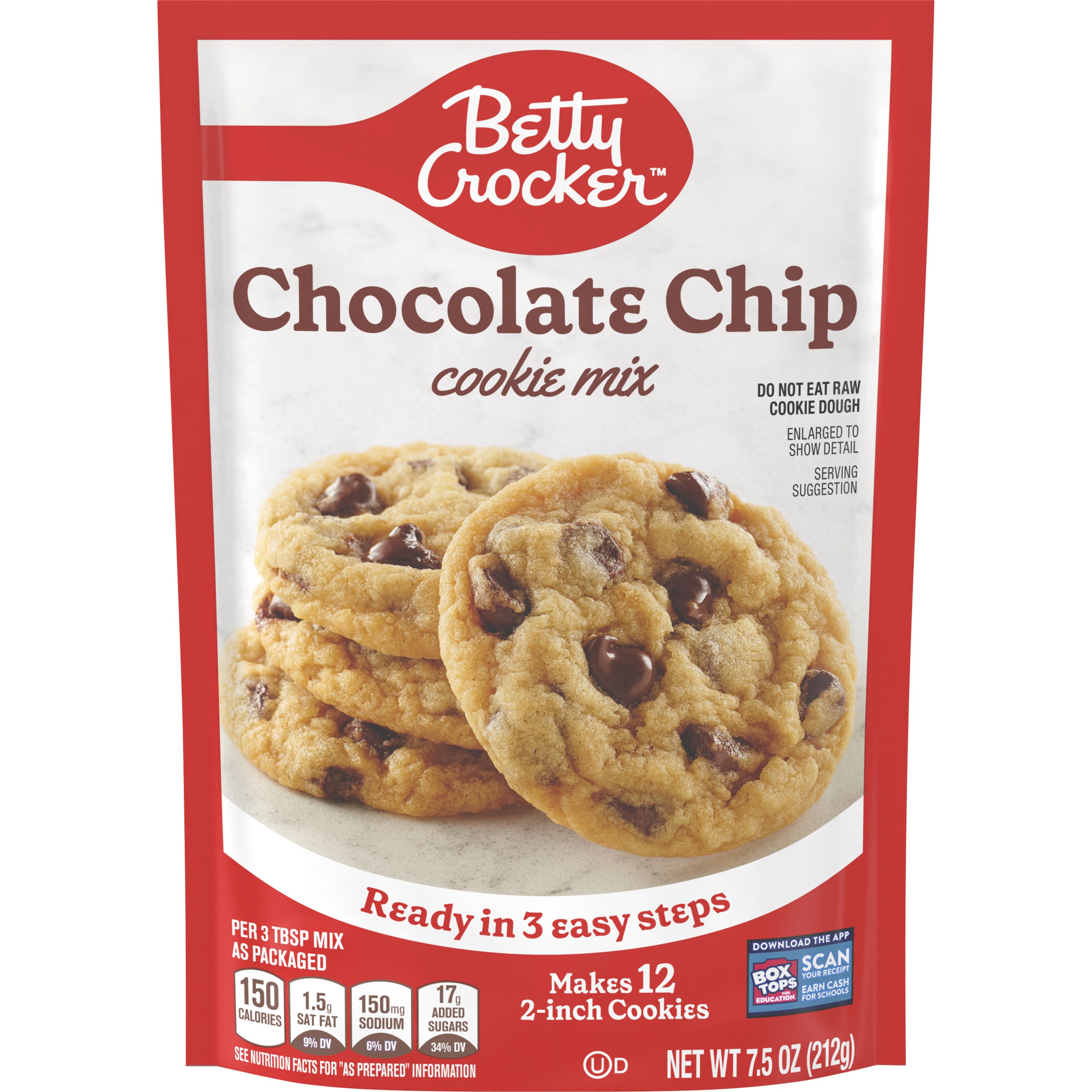 Betty Crocker Chocolate Chip Cookie Mix, Makes (12) 2-inch Cookies, 7.5 oz. - Front