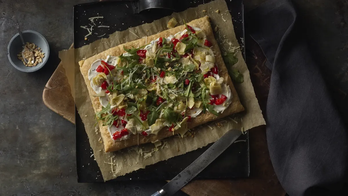 Artichoke, Roasted Red Pepper and Goat Cheese Tart
