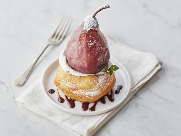 Deep Fried Shortcakes with Red Wine Poached Pears