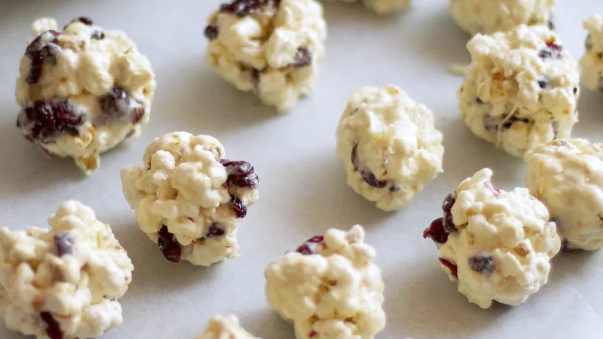 Orange, Cranberry, and White Chocolate Popcorn Balls