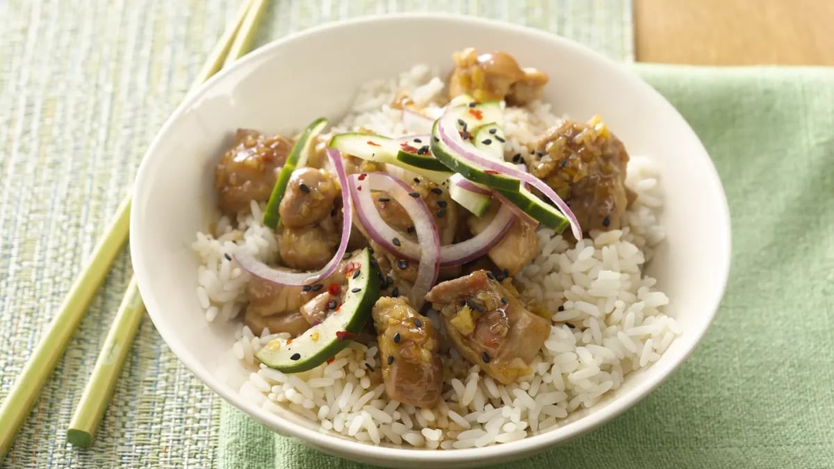 Caramel Chicken with Pickled Cucumber and Onion