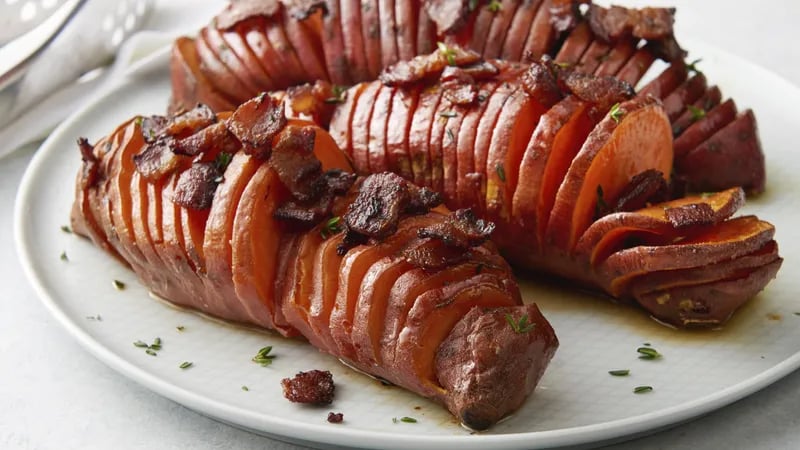 Maple-Bacon Hasselback Sweet Potatoes