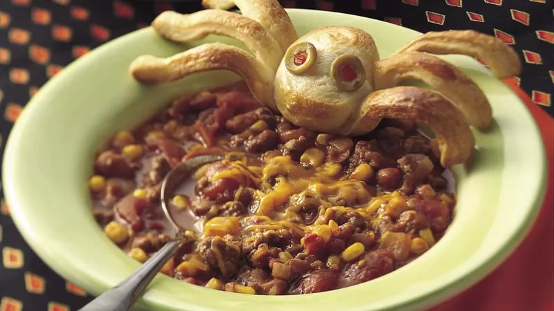 Cauldron of Chili with Spider Breads