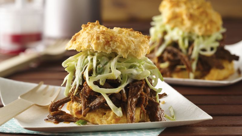 Slow-Cooker BBQ Beef with Creamy Slaw on Cheese-Garlic Biscuits